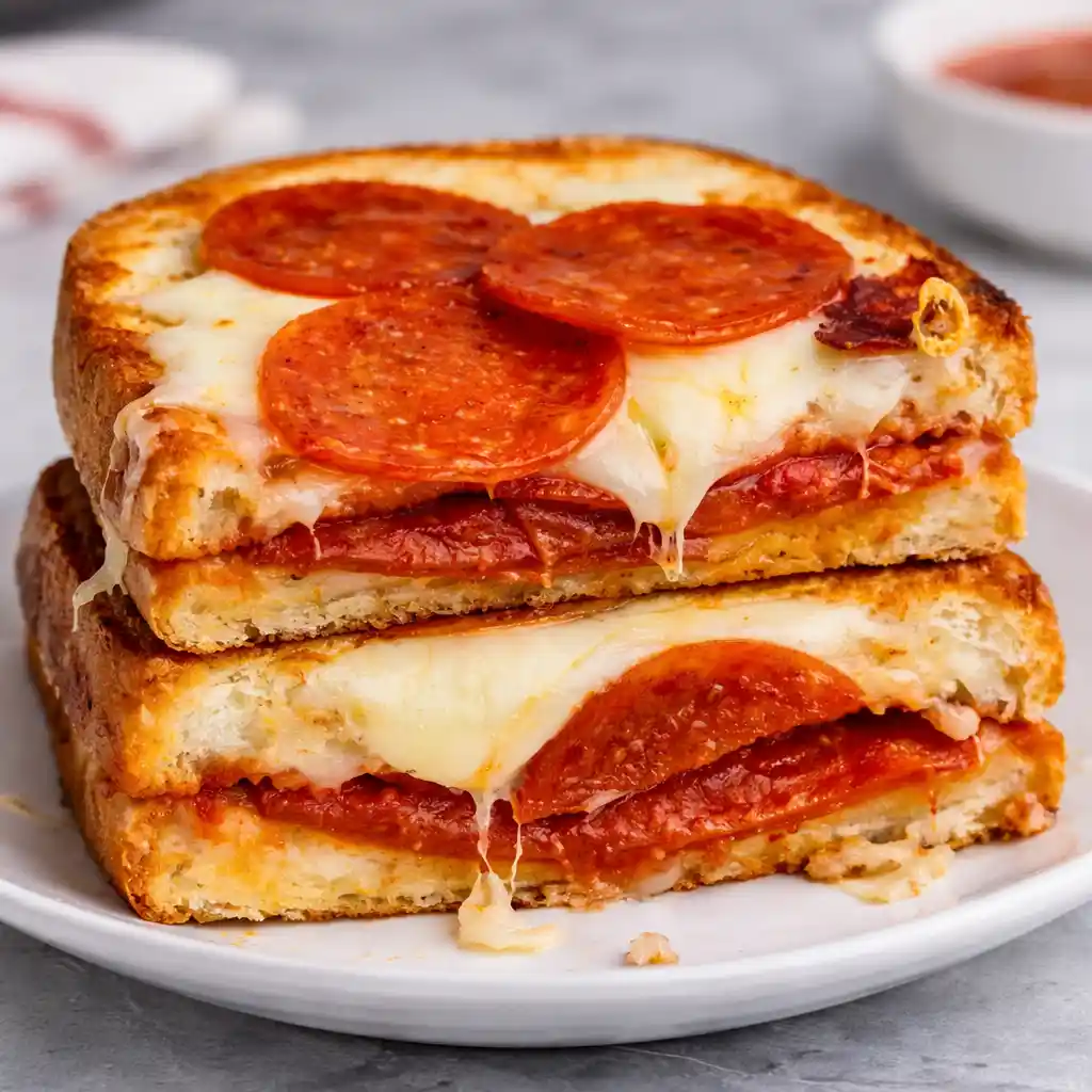 Pizza grilled cheese sandwich with melted mozzarella and pepperoni