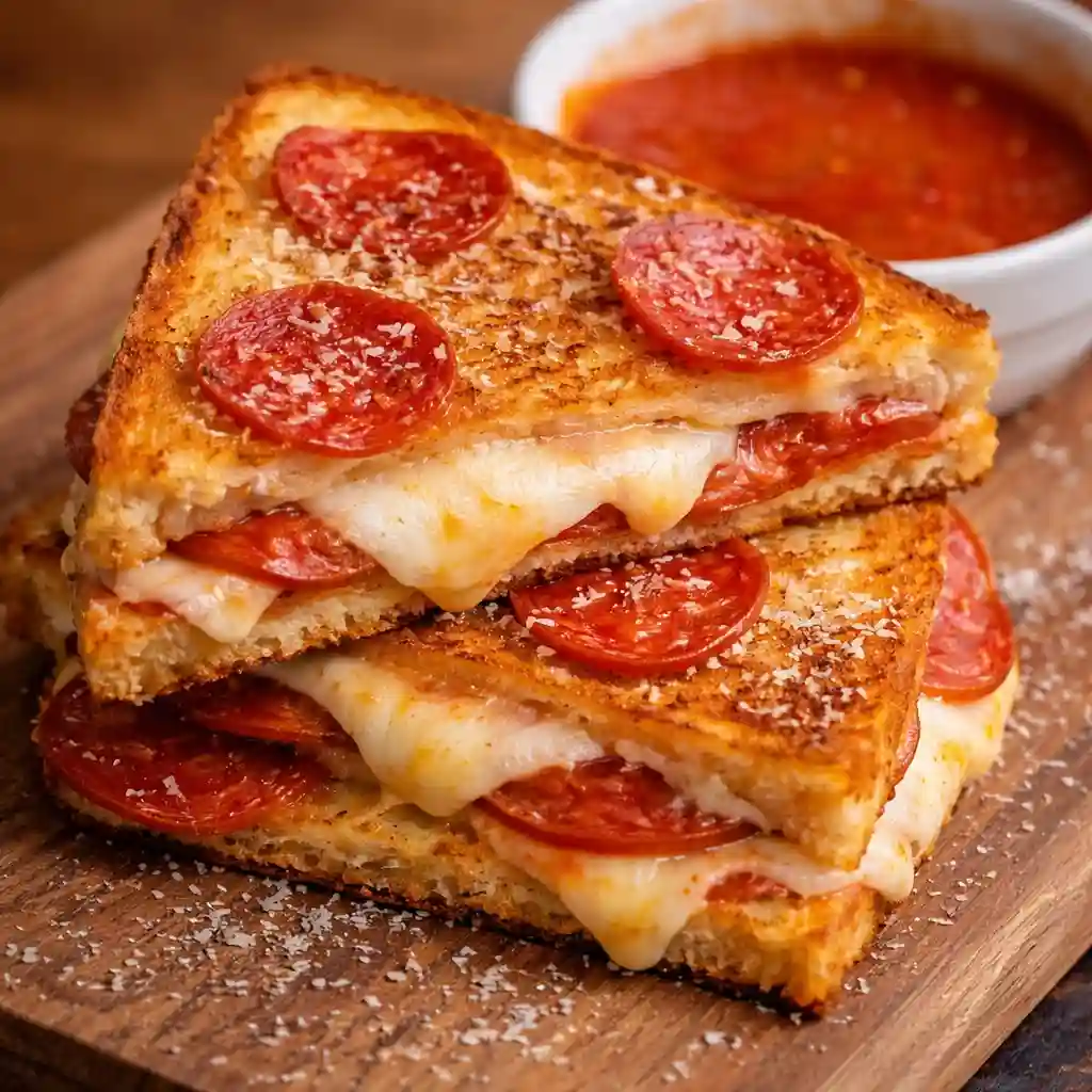 Pizza grilled cheese sandwich with melted mozzarella and pepperoni