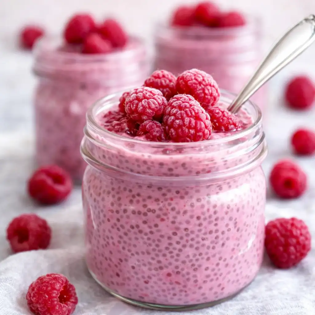 Raspberry Chia Pudding with Greek yogurt and fresh raspberries