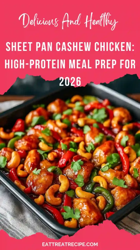 Sheet Pan Cashew Chicken with roasted broccoli, red bell peppers, and golden cashews on a baking sheet.