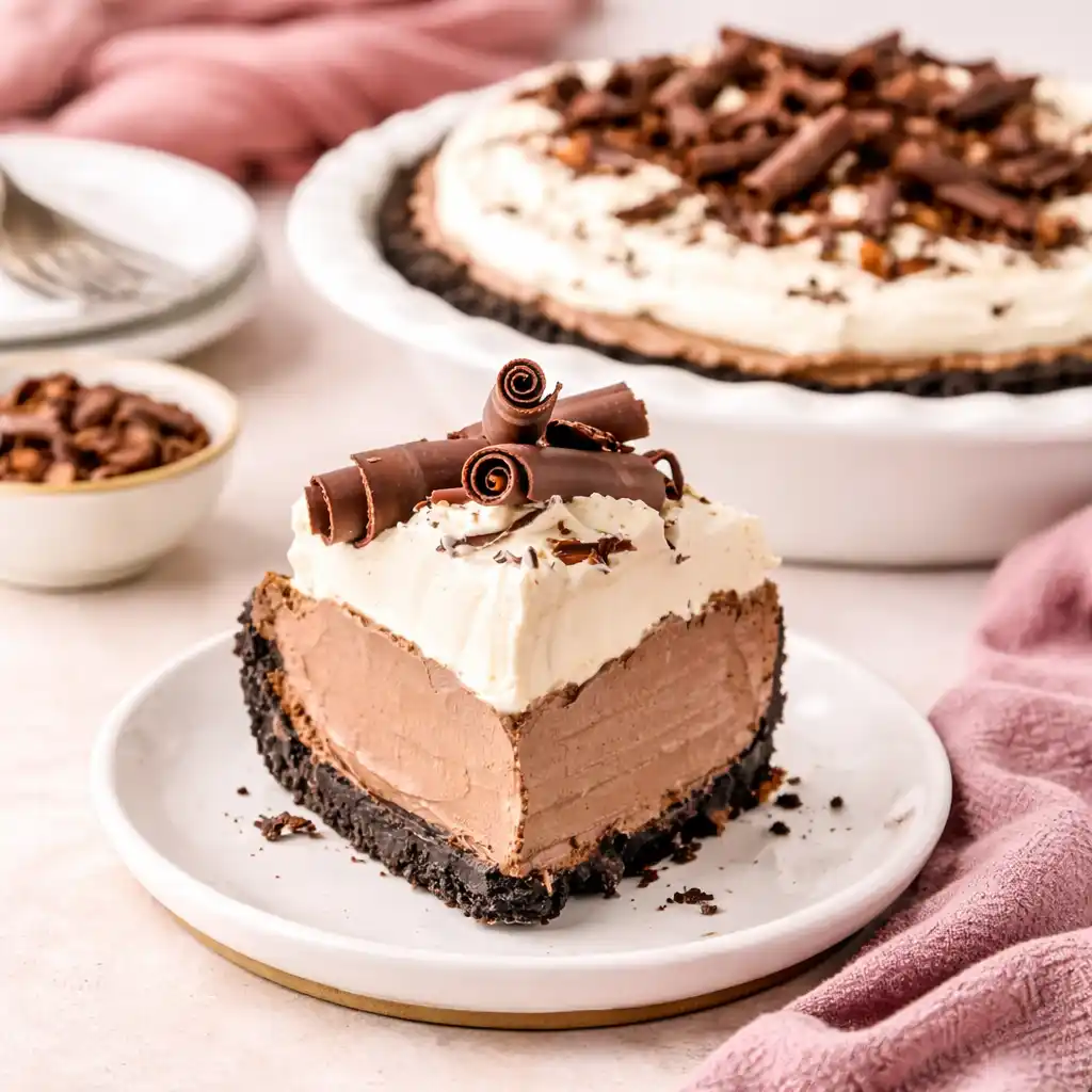 silky chocolate truffle pie slice with smooth ganache and glossy finish