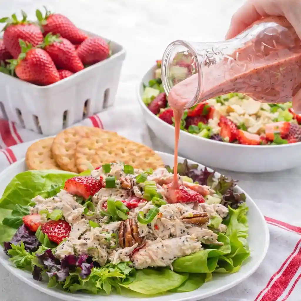 Strawberry poppy seed rotisserie chicken salad with vibrant ingredients