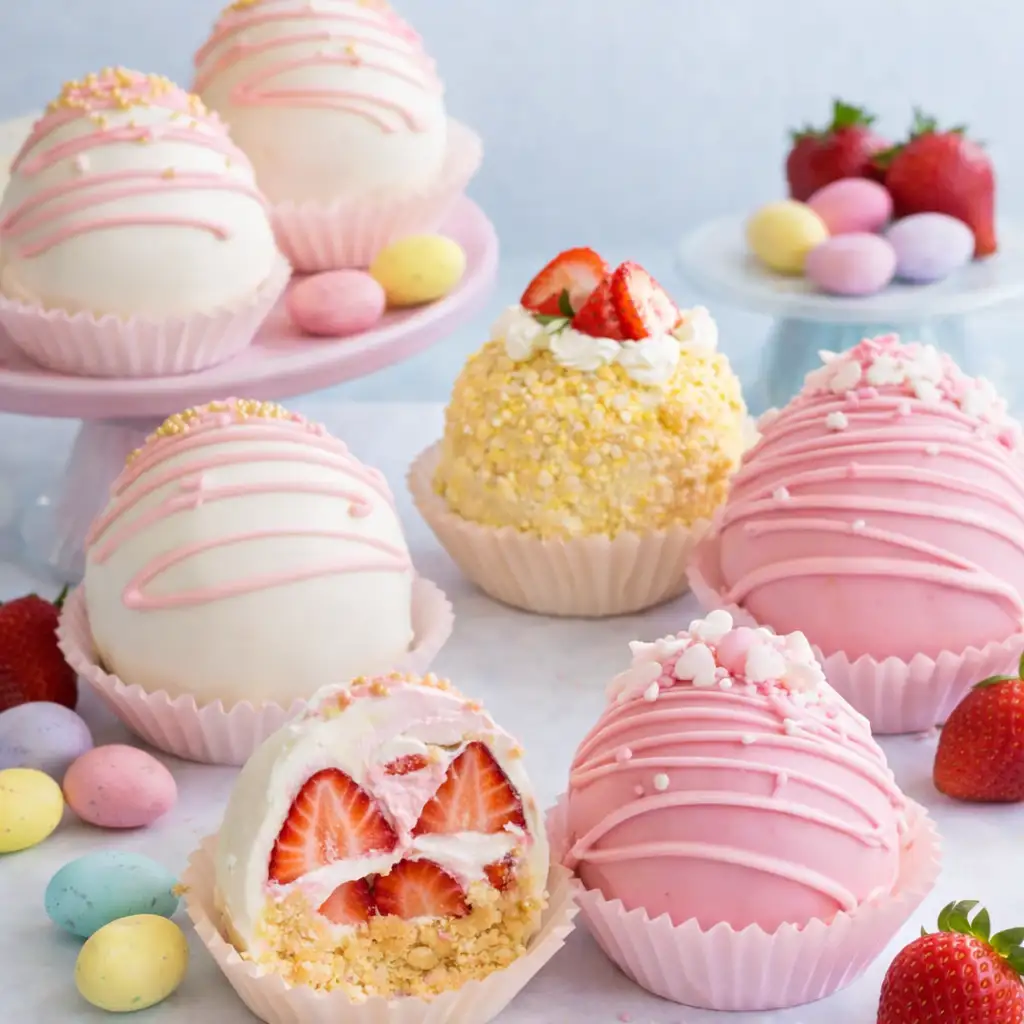 Strawberry Shortcake Easter Egg Bombs with white chocolate shell