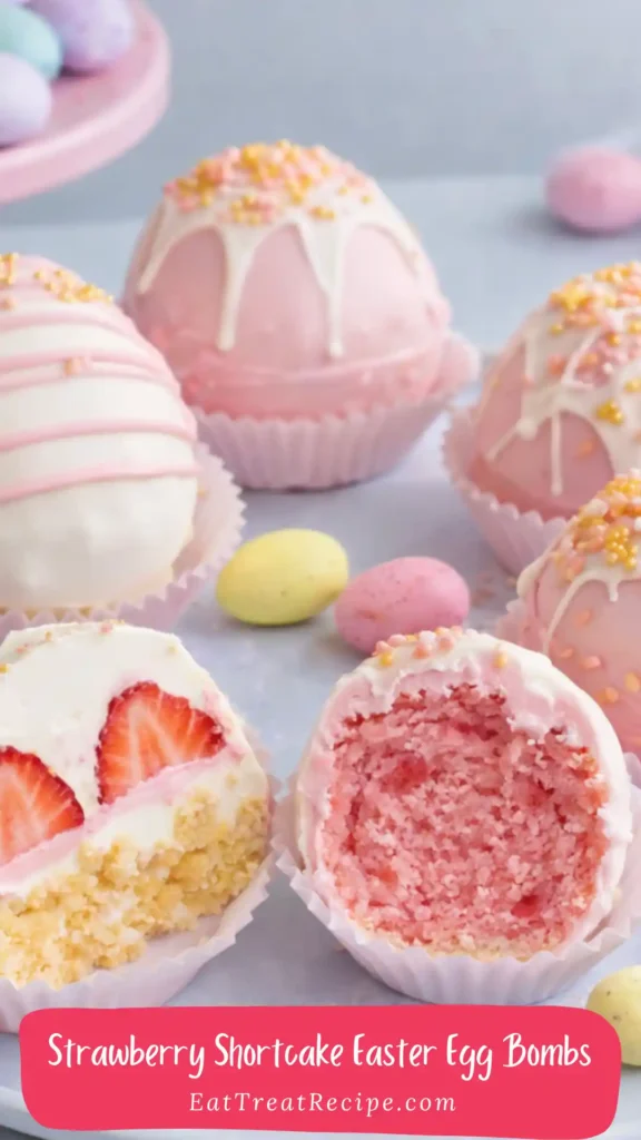 Strawberry Shortcake Easter Egg Bombs with white chocolate shell
