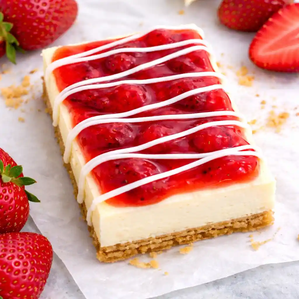 Strawberry Topped Philadelphia Cheesecake New York style tall slice