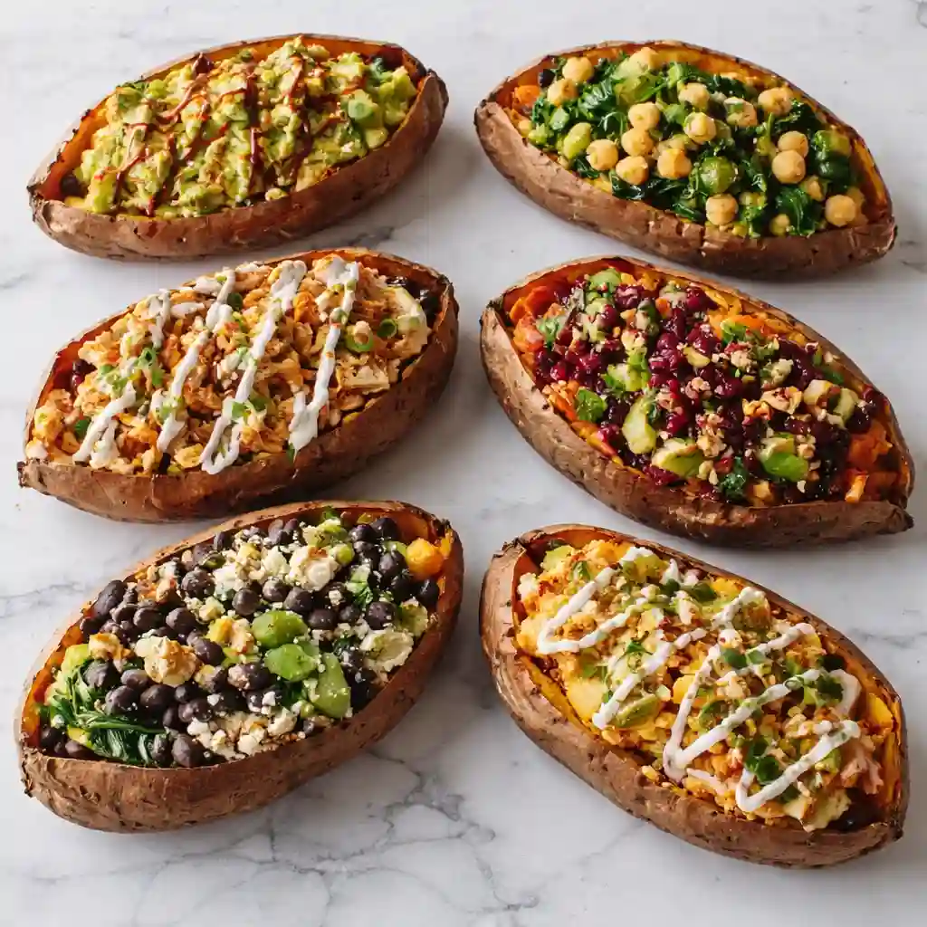Stuffed sweet potatoes recipes filled with vegetables beans and herbs