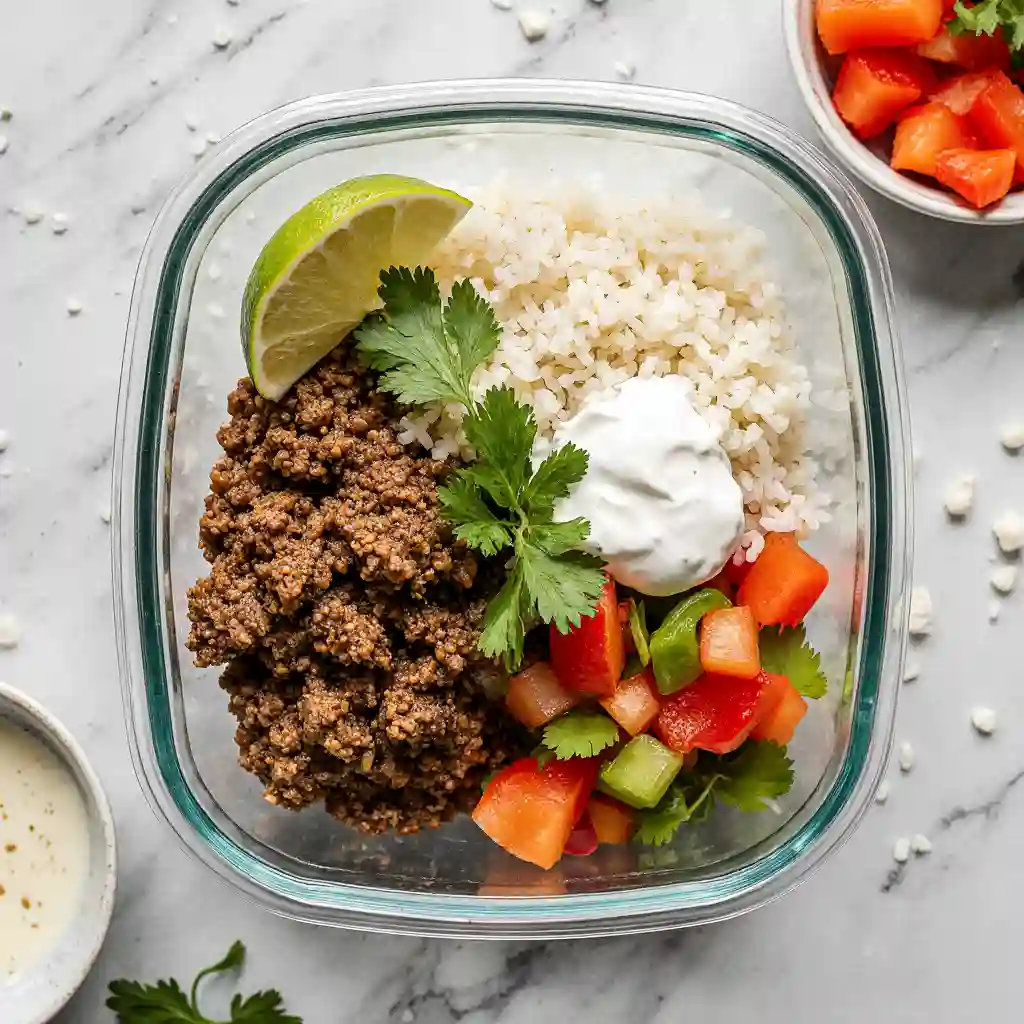 Taco-style ground beef and jasmine rice meal prep in a glass container for high-protein diet.