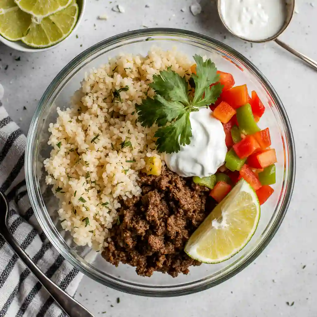 A top-down view of a glass meal prep container filled with singe-crisp ground beef, jasmine rice, riced cauliflower, and diced bell peppers, topped with fresh cilantro and a lime wedge.
