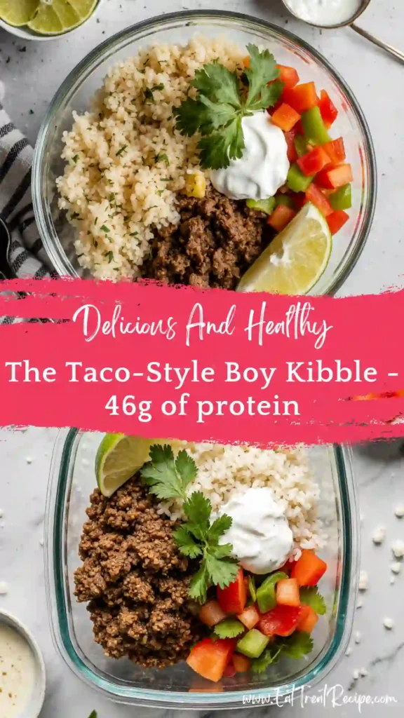 Taco-style ground beef and jasmine rice meal prep in a glass container for high-protein diet.