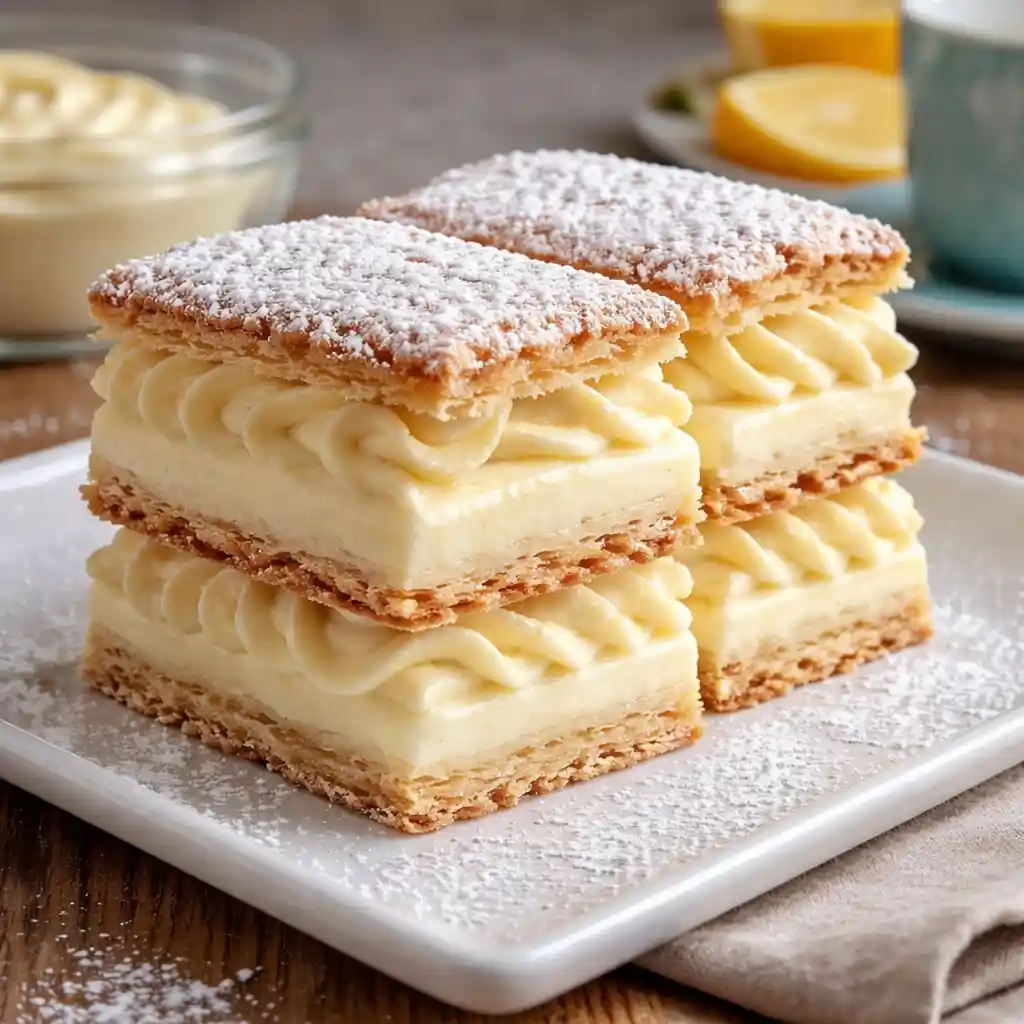 Traditional Vanilla Custard Cream Squares with crispy puff pastry and creamy custard layers
