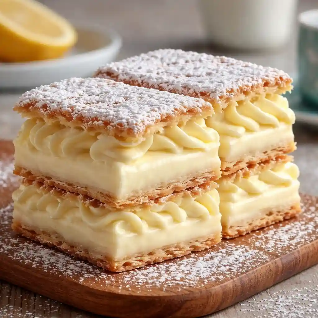 Traditional Vanilla Custard Cream Squares with crispy puff pastry and creamy custard layers