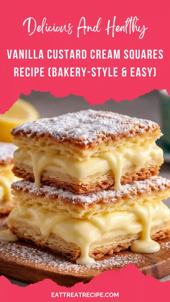 Traditional Vanilla Custard Cream Squares with crispy puff pastry and creamy custard layers