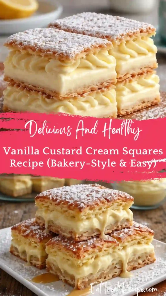 Traditional Vanilla Custard Cream Squares with crispy puff pastry and creamy custard layers