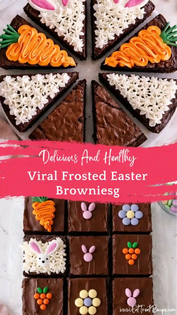 Frosted Easter brownies with pastel swirl frosting and candy toppings