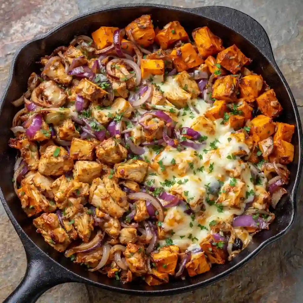 bbq chicken sweet potato skillet high protein one pan meal