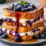 blueberry cheesecake stuffed french toast stack syrup dripping