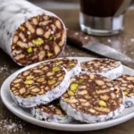 chocolate salami quick no bake dessert sliced powdered sugar