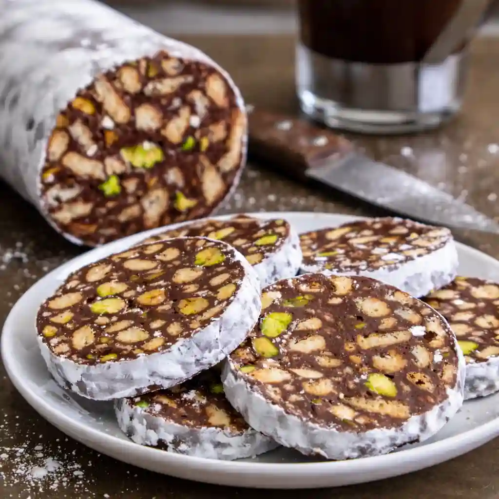 chocolate salami quick no bake dessert sliced powdered sugar