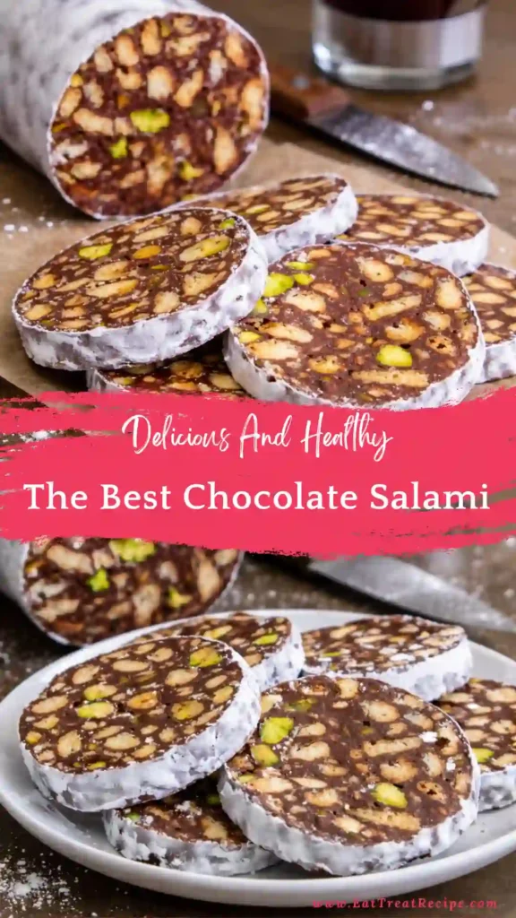 chocolate salami quick no bake dessert sliced powdered sugar