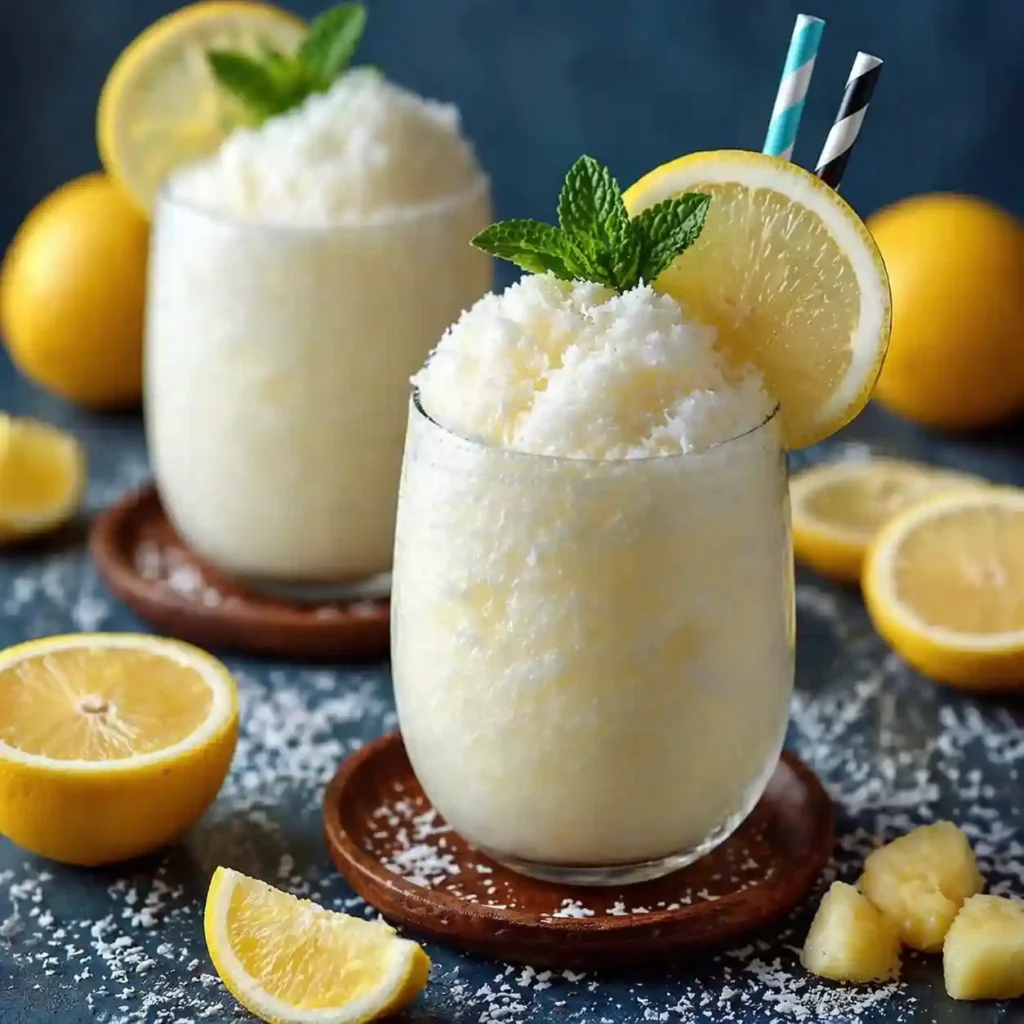 frozen coconut lemonade quick version creamy icy drink in glass