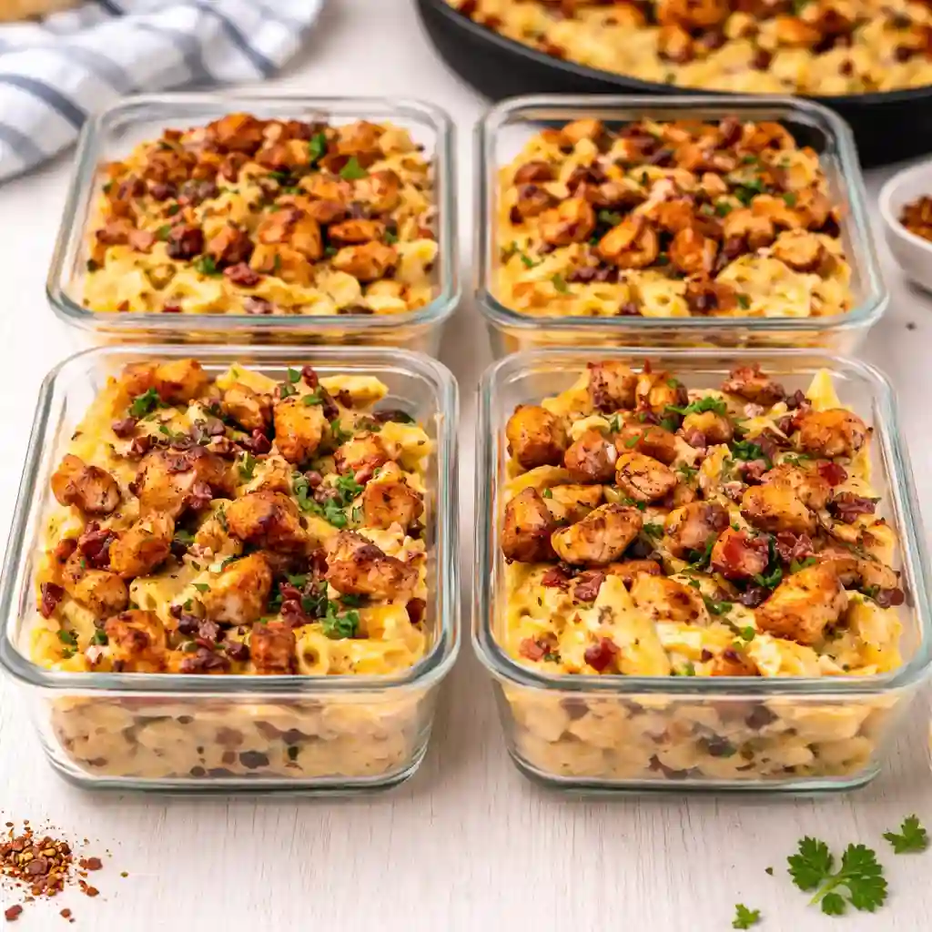 high protein creamy chicken bacon ranch pasta quick recipe