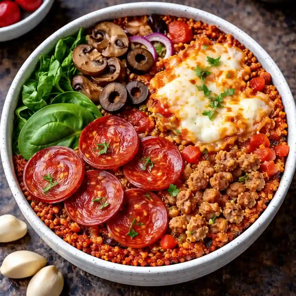 pizza protein bowl melted cheese high protein low carb meal