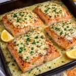 baked boursin salmon served with vegetables and lemon elegant dinner plate