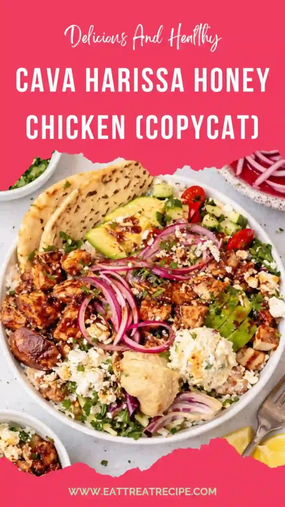CAVA style harissa honey chicken bowl with toppings and mediterranean ingredients