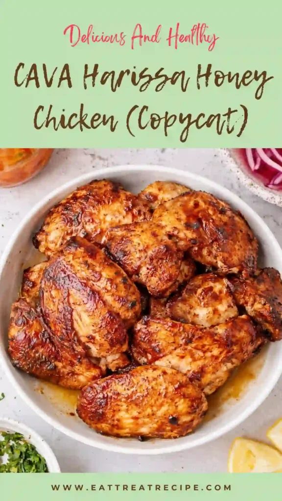 CAVA style harissa honey chicken bowl with toppings and mediterranean ingredients