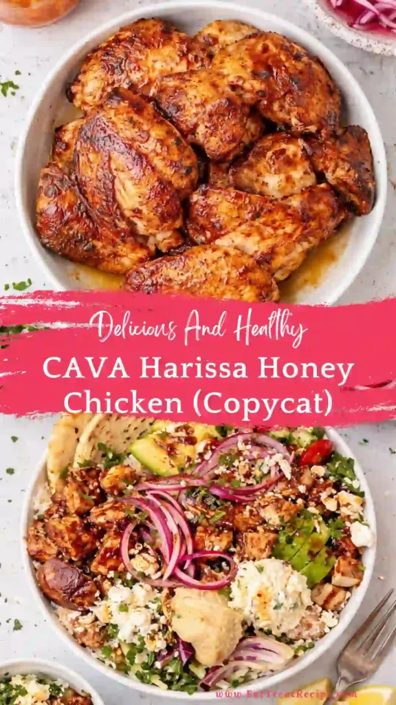 CAVA style harissa honey chicken bowl with toppings and mediterranean ingredients
