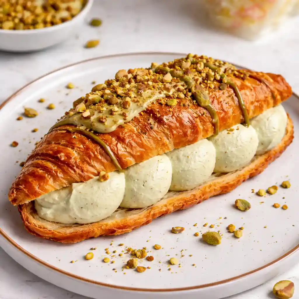 pistachio croissants served on plate with powdered sugar and pistachio topping