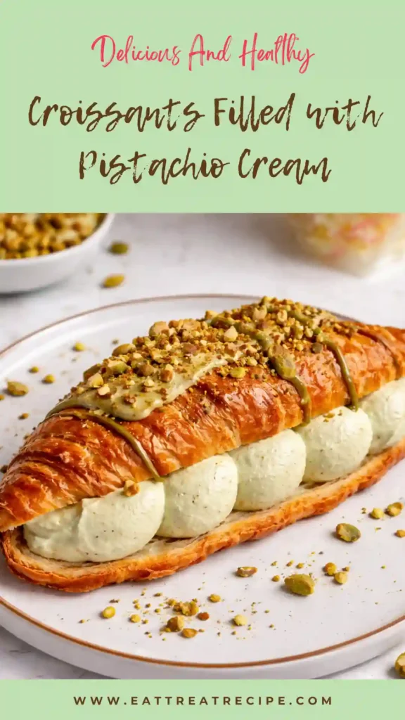 pistachio croissants served on plate with powdered sugar and pistachio topping