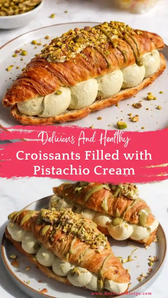 pistachio croissants served on plate with powdered sugar and pistachio topping