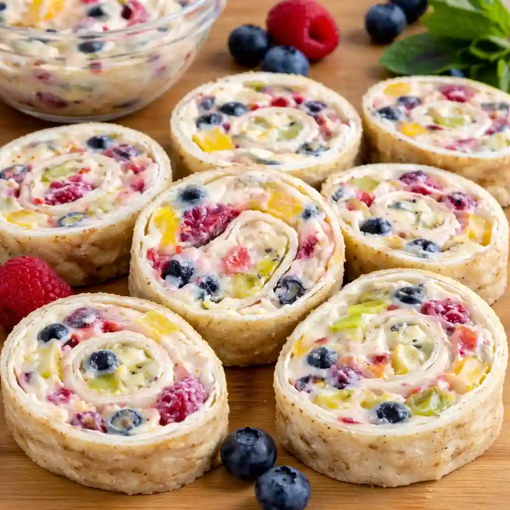 cheesecake fruit salad roll ups colorful pinwheel slices dessert