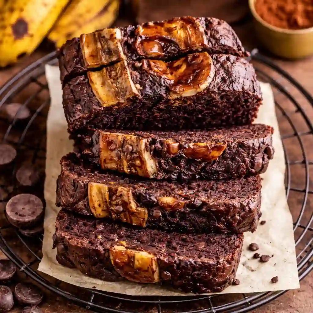 chocolate espresso banana bread gooey slice melted chocolate chips