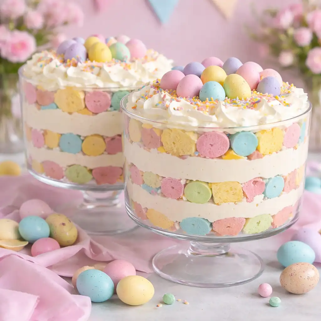 easter trifle dessert pastel layered cake cream glass bowl colorful spring