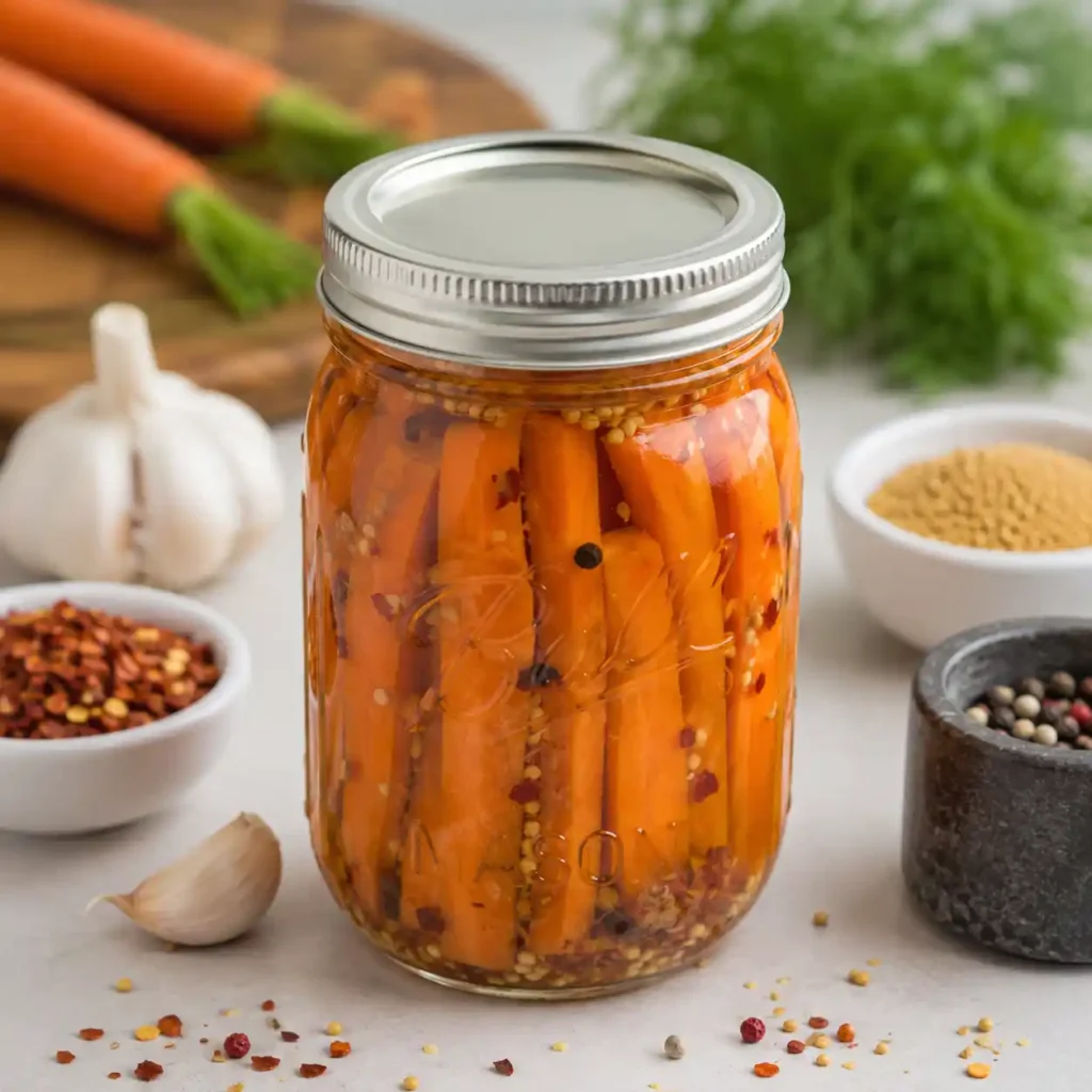 Hot honey pickled carrots in jars