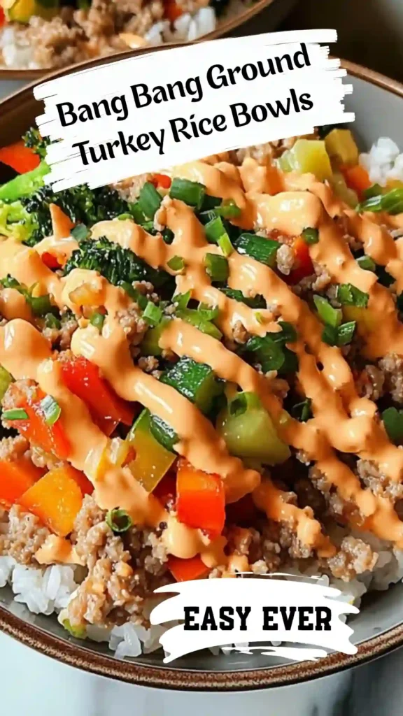 Bang Bang Ground Turkey Rice Bowls served with fresh vegetables