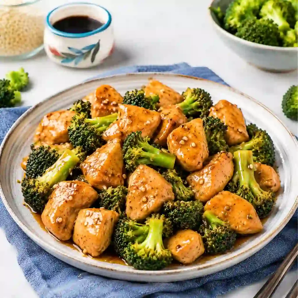 Chicken Broccoli Stir Fry served in a white bowl