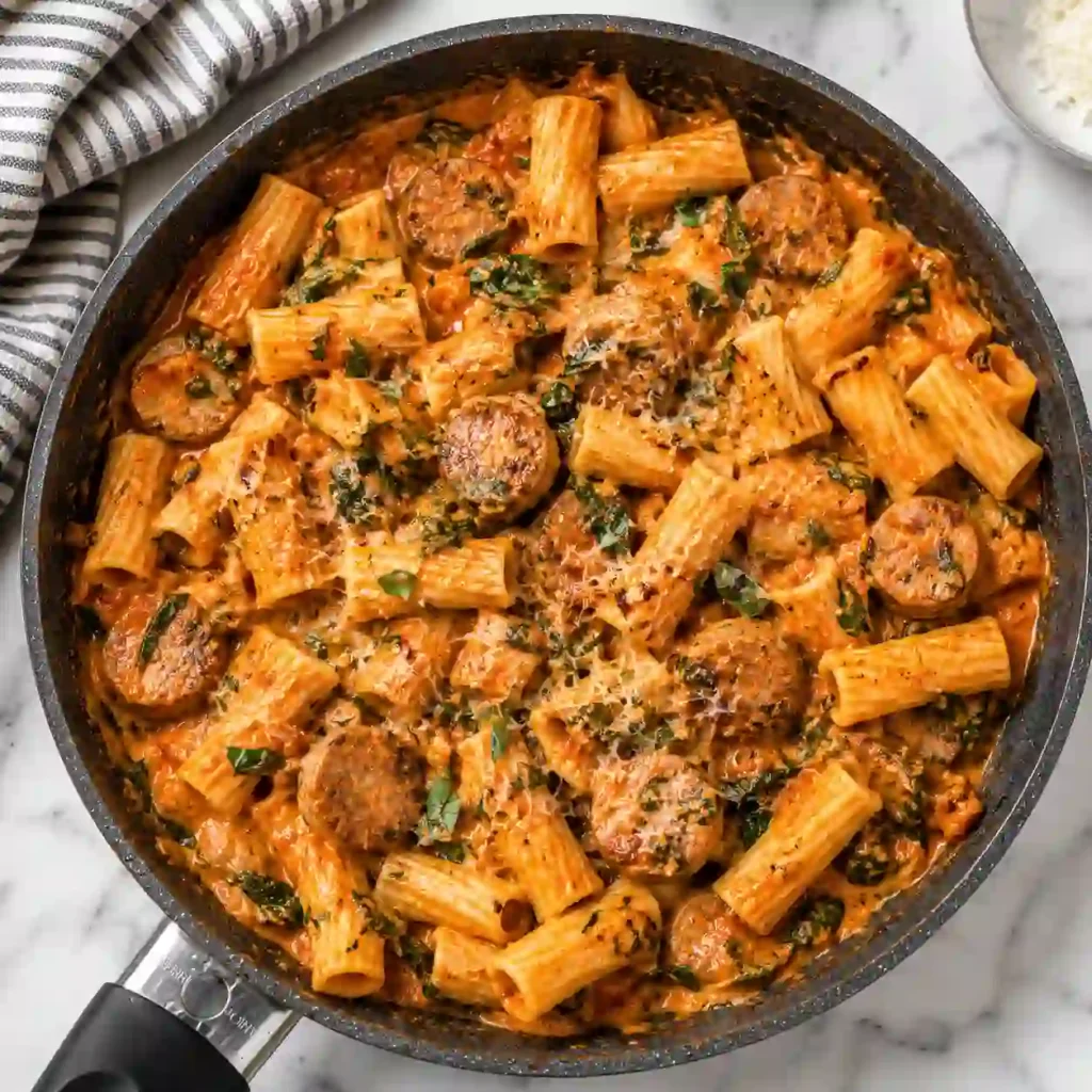 Chicken Sausage Pasta with Parmesan and spinach
