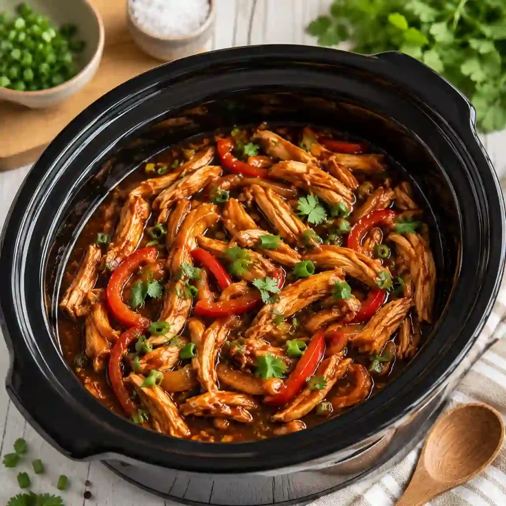 Family-style Crock Pot Bourbon Chicken dinner