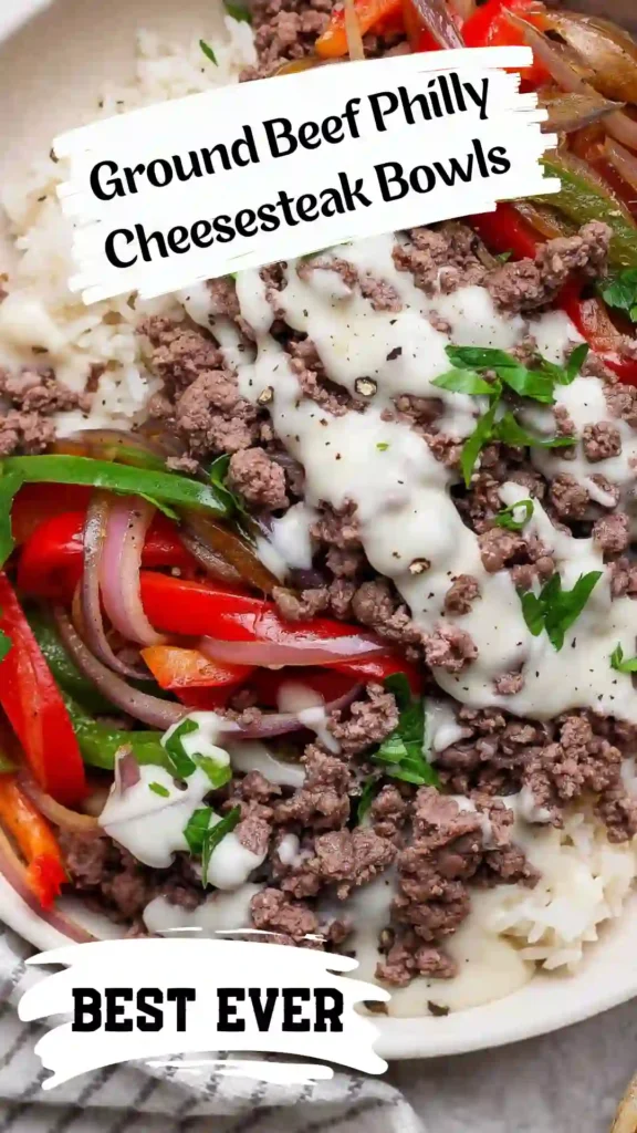 Ground Beef Philly Cheesesteak Bowl with melted provolone