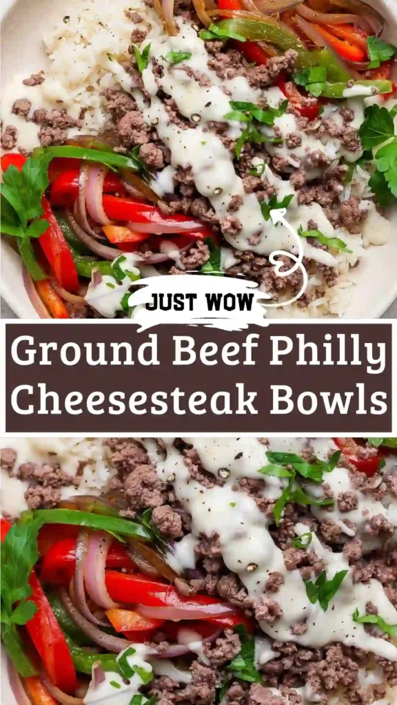 Ground Beef Philly Cheesesteak Bowl with melted provolone