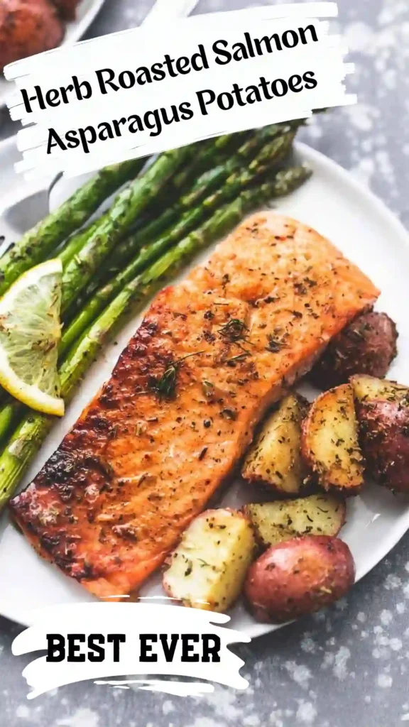 Herb Roasted Salmon Asparagus Potatoes on a sheet pan