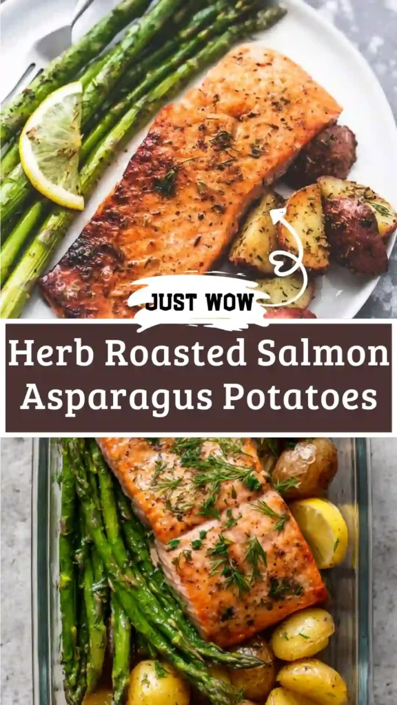 Herb Roasted Salmon Asparagus Potatoes on a sheet pan