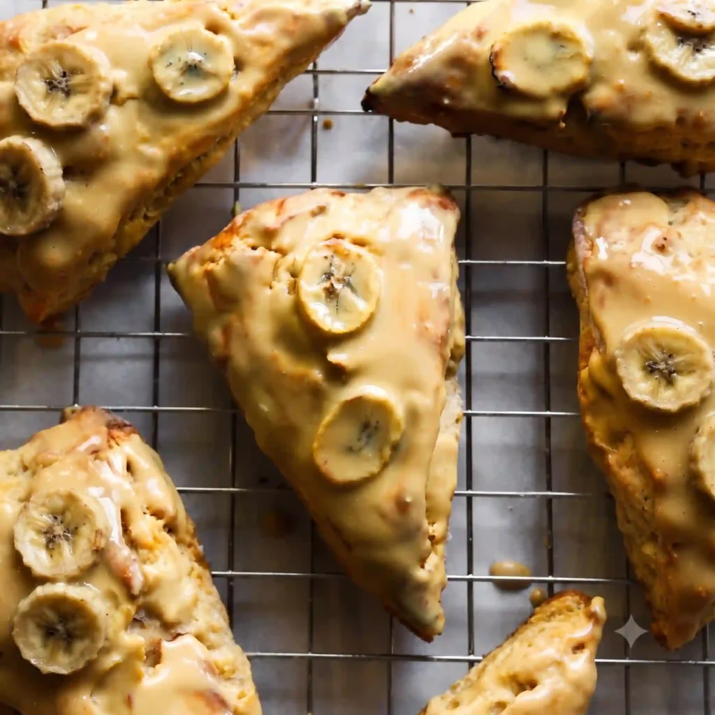 Golden brown Banana Scones with sweet vanilla glaze on a white marble surface.