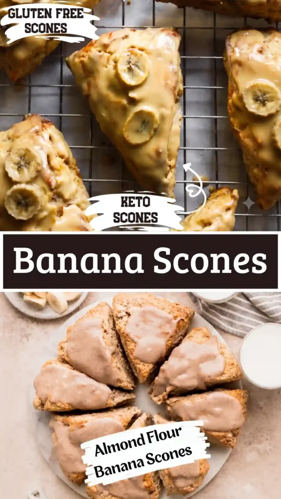Golden brown Banana Scones with sweet vanilla glaze on a white marble surface.