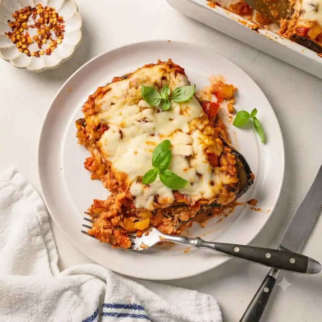 A quick and easy portion of high protein ratatouille lasagna served on a white plate.