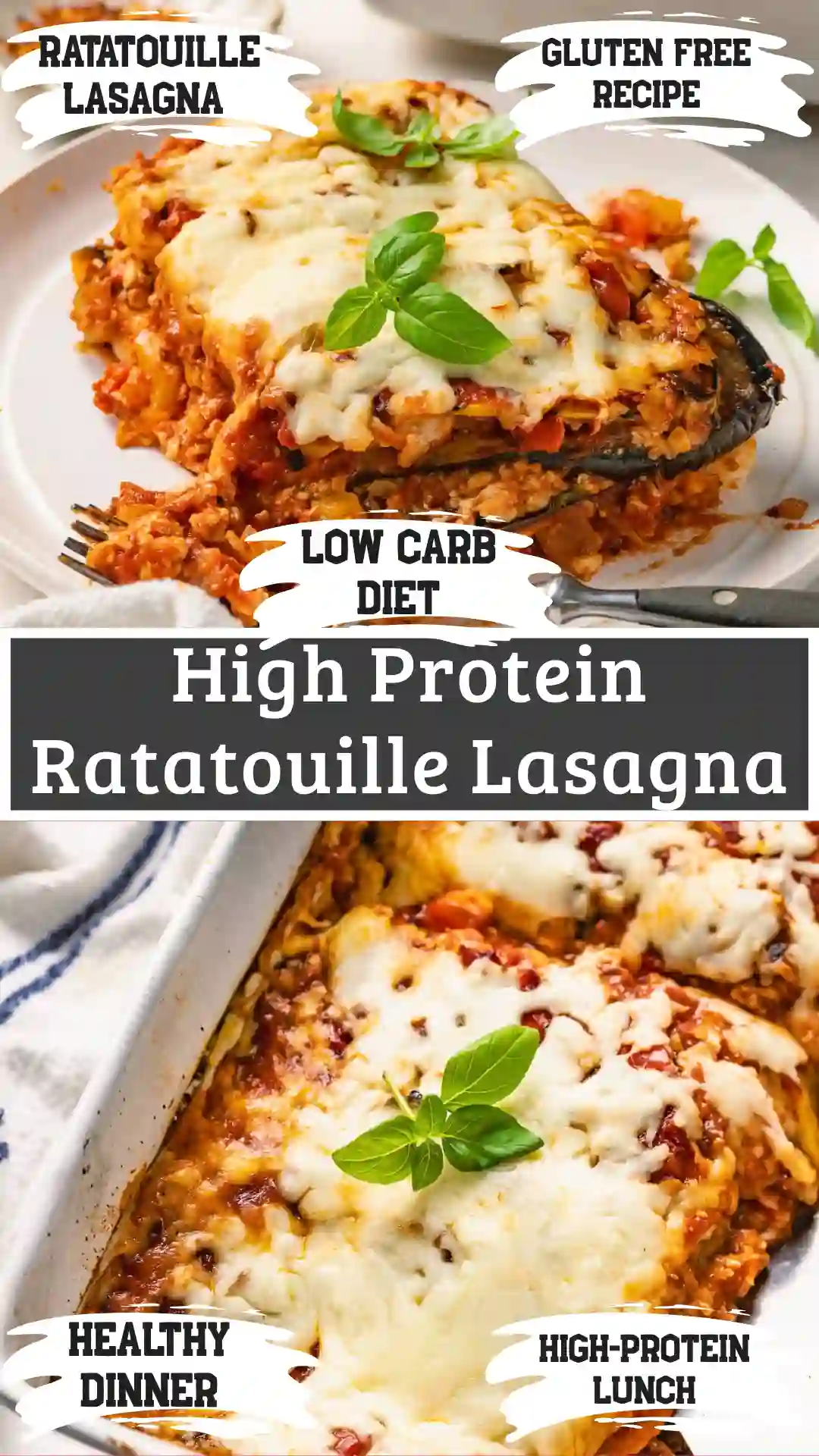 A quick and easy portion of high protein ratatouille lasagna served on a white plate.