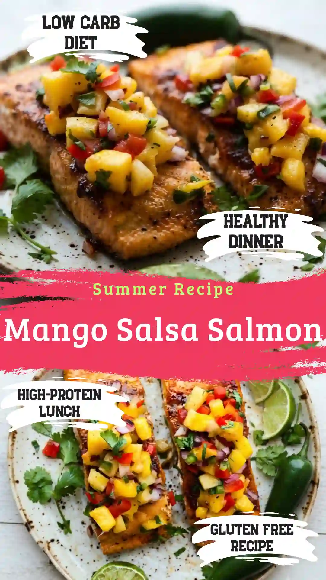 A quick modern bowl of express pan seared mango salsa salmon on a white background.